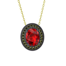 Esinti Oval Kolye - Garnet ve peridot 925 ayar siyah rodyum kaplama gümüş kolye (40 cm gümüş rolo zincir) #1800do8