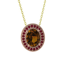 Esinti Oval Kolye - Dumanlı kuvars ve kök yakut 14 ayar rose altın kolye (40 cm altın rolo zincir) #1adrsaw
