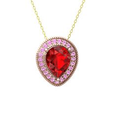 Garnet ve pembe kuvars 14 ayar rose altın kolye (40 cm altın rolo zincir)