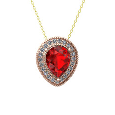 Garnet ve pırlanta 14 ayar rose altın kolye (0.264 karat, 40 cm altın rolo zincir)