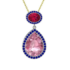 Lupine Kolye - Pembe kuvars, rodolit garnet ve lab safir 8 ayar beyaz altın kolye (40 cm altın rolo zincir) #ipla4w