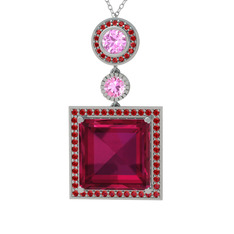 Rodolit garnet, pembe kuvars ve garnet 925 ayar gümüş kolye (40 cm gümüş rolo zincir)