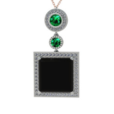 Toprak Kolye - Siyah zirkon, yeşil kuvars ve beyaz zirkon 8 ayar beyaz altın kolye (40 cm gümüş rolo zincir) #18vr4cm