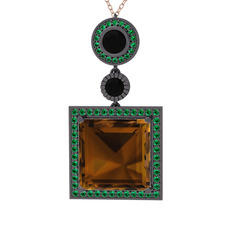 Toprak Kolye - Dumanlı kuvars, siyah zirkon ve yeşil kuvars 925 ayar siyah rodyum kaplama gümüş kolye (40 cm rose altın rolo zincir) #1qn3ssd