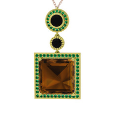 Dumanlı kuvars, siyah zirkon ve yeşil kuvars 14 ayar altın kolye (40 cm rose altın rolo zincir)