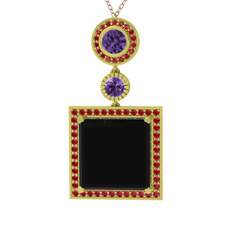 Toprak Kolye - Siyah zirkon, ametist ve garnet 8 ayar altın kolye (40 cm rose altın rolo zincir) #lkyh8e