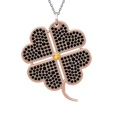 Büyük Yonca Kolye - Sitrin ve siyah zirkon 8 ayar rose altın kolye (40 cm gümüş rolo zincir) #7dd8ma