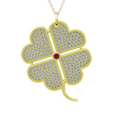 Büyük Yonca Kolye - Kök yakut ve beyaz zirkon 8 ayar altın kolye (40 cm rose altın rolo zincir) #kixq44