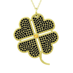 Büyük Yonca Kolye - Sitrin ve siyah zirkon 14 ayar altın kolye (40 cm altın rolo zincir) #rbn5zj