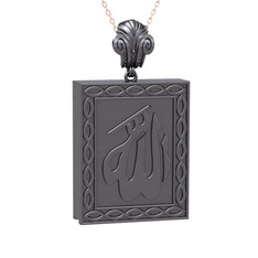 Allah Yazılı Cevşen Kolye - 925 ayar siyah rodyum kaplama gümüş kolye (40 cm rose altın rolo zincir) #dhp40e