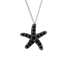 Denizyıldızı Kolye - Siyah zirkon 925 ayar siyah rodyum kaplama gümüş kolye (40 cm beyaz altın rolo zincir) #166sw37