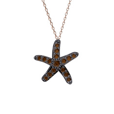 Denizyıldızı Kolye - Dumanlı kuvars 925 ayar siyah rodyum kaplama gümüş kolye (40 cm rose altın rolo zincir) #3aid35