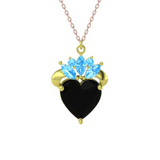 Kraliyet Kalp Kolye - Siyah zirkon ve akuamarin 8 ayar altın kolye (40 cm rose altın rolo zincir) #10fih16
