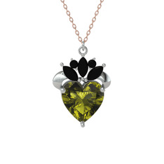 Kraliyet Kalp Kolye - Peridot ve siyah zirkon 18 ayar beyaz altın kolye (40 cm rose altın rolo zincir) #137jq98