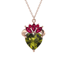 Kraliyet Kalp Kolye - Peridot ve rodolit garnet 18 ayar rose altın kolye (40 cm rose altın rolo zincir) #1tqchic