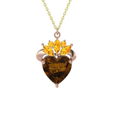 Kraliyet Kalp Kolye - Dumanlı kuvars ve sitrin 14 ayar rose altın kolye (40 cm altın rolo zincir) #3yqyxe