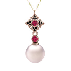 Teimei İnci Kolye - Pembe inci, rodolit garnet ve siyah zirkon 8 ayar rose altın kolye (40 cm altın rolo zincir) #1r9te2i