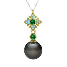 Siyah inci, yeşil kuvars ve akuamarin 14 ayar altın kolye (40 cm gümüş rolo zincir)