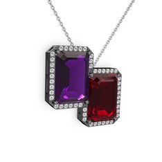 Avis Kolye - Ametist, garnet ve swarovski 925 ayar siyah rodyum kaplama gümüş kolye (40 cm beyaz altın rolo zincir) #c0bfwe