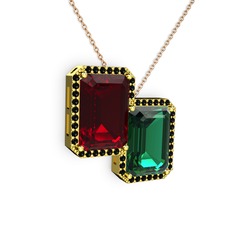Avis Kolye - Garnet, yeşil kuvars ve siyah zirkon 8 ayar altın kolye (40 cm rose altın rolo zincir) #dbg8bg