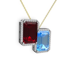 Avis Kolye - Garnet, akuamarin ve swarovski 8 ayar beyaz altın kolye (40 cm altın rolo zincir) #k54wcb