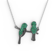 Lora Kuş Kolye - Yeşil kuvars 925 ayar siyah rodyum kaplama gümüş kolye (40 cm gümüş rolo zincir) #11laq6g