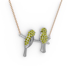 Lora Kuş Kolye - Peridot 18 ayar beyaz altın kolye (40 cm rose altın rolo zincir) #1e53g12