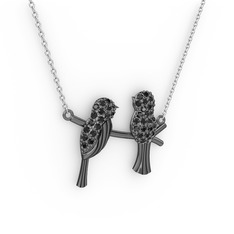 Lora Kuş Kolye - Siyah zirkon 925 ayar siyah rodyum kaplama gümüş kolye (40 cm beyaz altın rolo zincir) #jtoczj