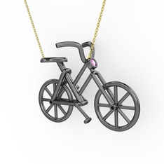 Bisiklet Kolye - Pembe kuvars 925 ayar siyah rodyum kaplama gümüş kolye (40 cm gümüş rolo zincir) #1oqic3c