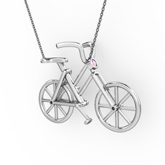 Bisiklet Kolye - Pembe kuvars 8 ayar beyaz altın kolye (40 cm gümüş rolo zincir) #nw196q