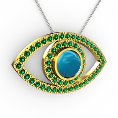 Palmira Göz Kolye - Turkuaz ve yeşil kuvars 8 ayar altın kolye (40 cm beyaz altın rolo zincir) #10k32dn