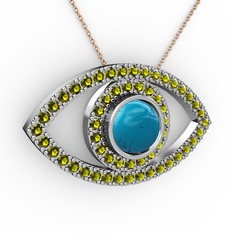 Palmira Göz Kolye - Turkuaz ve peridot 8 ayar beyaz altın kolye (40 cm rose altın rolo zincir) #1lelrxe