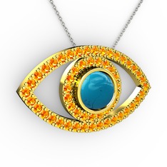 Palmira Göz Kolye - Turkuaz ve sitrin 925 ayar altın kaplama gümüş kolye (40 cm beyaz altın rolo zincir) #1rasnch