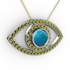 Palmira Göz Kolye - Turkuaz ve peridot 8 ayar beyaz altın kolye (40 cm altın rolo zincir) #ayug7r