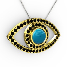 Palmira Göz Kolye - Turkuaz ve siyah zirkon 8 ayar altın kolye (40 cm beyaz altın rolo zincir) #psrqw7