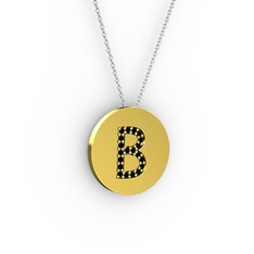 B Baş Harf Kolye - Siyah zirkon 18 ayar altın kolye (40 cm beyaz altın rolo zincir) #126iqms