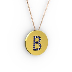 B Baş Harf Kolye - Lab safir 8 ayar altın kolye (40 cm rose altın rolo zincir) #16pcgzd