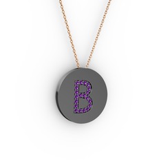 B Baş Harf Kolye - Ametist 925 ayar siyah rodyum kaplama gümüş kolye (40 cm rose altın rolo zincir) #176tfeo