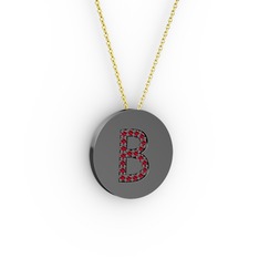 B Baş Harf Kolye - Garnet 925 ayar siyah rodyum kaplama gümüş kolye (40 cm altın rolo zincir) #1n6y4q9