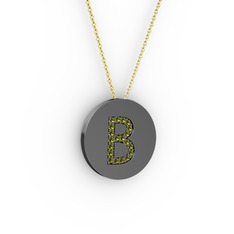 B Baş Harf Kolye - Peridot 925 ayar siyah rodyum kaplama gümüş kolye (40 cm gümüş rolo zincir) #1nwqgw0