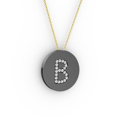 B Baş Harf Kolye - Pırlanta 925 ayar siyah rodyum kaplama gümüş kolye (0.176 karat, 40 cm altın rolo zincir) #1prefhp