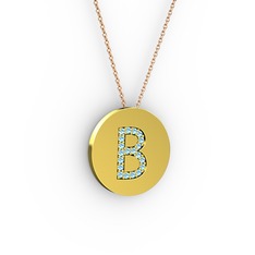 B Baş Harf Kolye - Akuamarin 18 ayar altın kolye (40 cm rose altın rolo zincir) #1ymlmc2