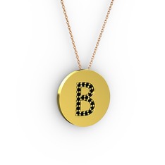 B Baş Harf Kolye - Siyah zirkon 14 ayar altın kolye (40 cm rose altın rolo zincir) #2bn3rb