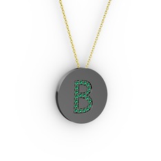 B Baş Harf Kolye - Yeşil kuvars 925 ayar siyah rodyum kaplama gümüş kolye (40 cm altın rolo zincir) #7uhqno