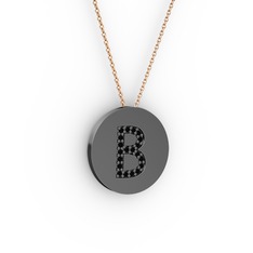 B Baş Harf Kolye - Siyah zirkon 925 ayar siyah rodyum kaplama gümüş kolye (40 cm rose altın rolo zincir) #bymj7l