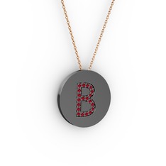 B Baş Harf Kolye - Garnet 925 ayar siyah rodyum kaplama gümüş kolye (40 cm rose altın rolo zincir) #ggwx25