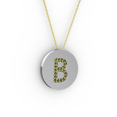 B Baş Harf Kolye - Peridot 14 ayar beyaz altın kolye (40 cm altın rolo zincir) #j5f255