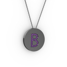B Baş Harf Kolye - Ametist 925 ayar siyah rodyum kaplama gümüş kolye (40 cm gümüş rolo zincir) #lb2ppr