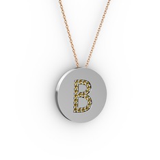 B Baş Harf Kolye - Dumanlı kuvars 14 ayar beyaz altın kolye (40 cm gümüş rolo zincir) #mxo5gq