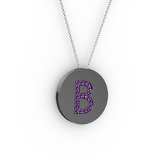 B Baş Harf Kolye - Ametist 925 ayar siyah rodyum kaplama gümüş kolye (40 cm gümüş rolo zincir) #p9fufw